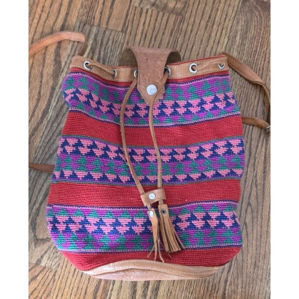 Boho Woven Leather Drawstring Bucket Crossbody Bag Colorful Hand Tooled Hippie